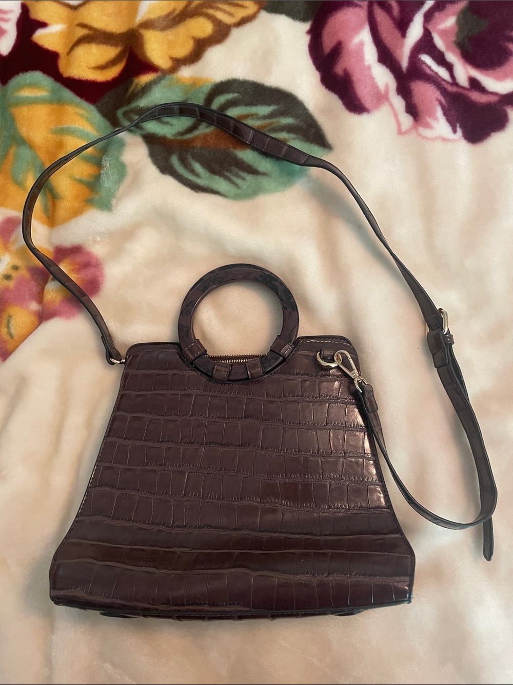 Women's Croc-Embossed Top-Handle Bag in Dark Brown